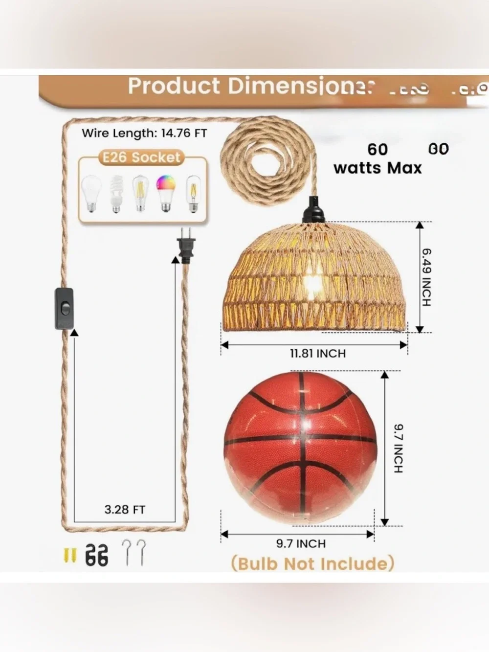 Rattan Hanging Lamp,Boho Pendant Lights,Plug In Cord